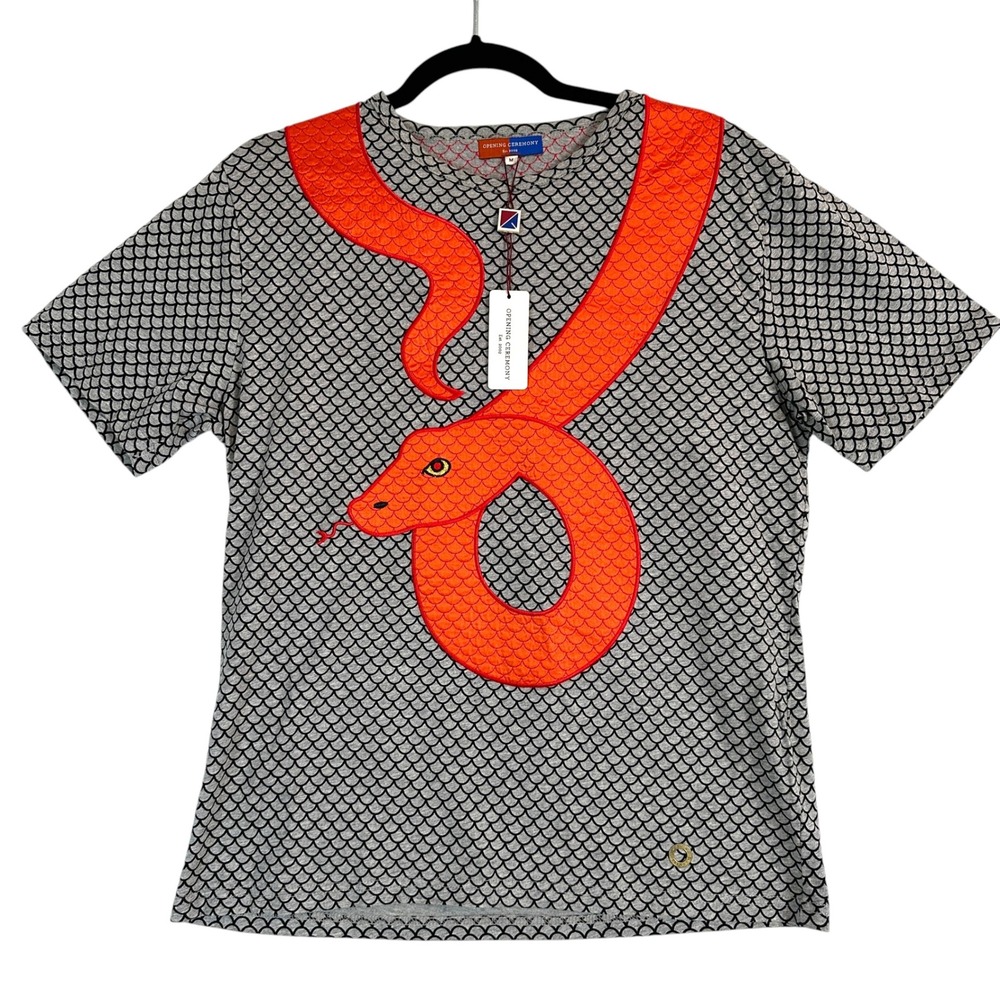Opening Ceremony Snake Embroidered Graphic Cotton T Shirt Size M Gray Red 2000s